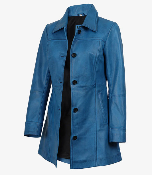 Womens Blue 3/4 Length Button Down Leather Coat