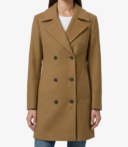 Womens 3/4 Length Camel Brown Double Breasted Wool Coat