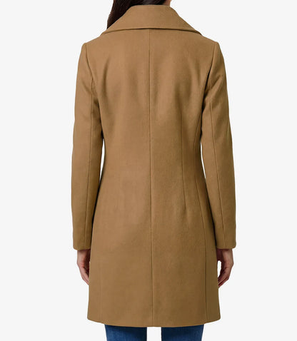 Womens 3/4 Length Camel Brown Double Breasted Wool Coat