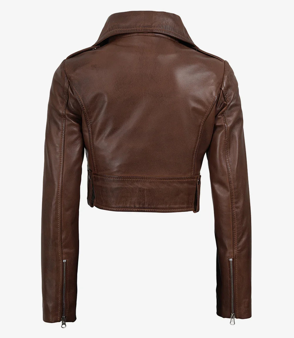 Women Biker Style Cognac Waxed Cropped Leather Jacket