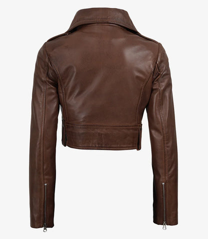 Women Biker Style Cognac Waxed Cropped Leather Jacket