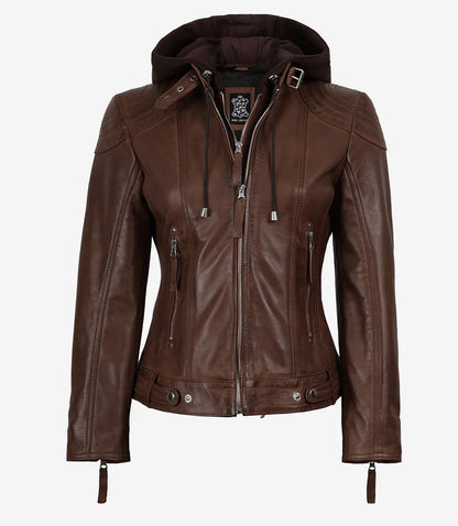 Women’s Cognac Brown Lambskin Hooded Leather Jacket (2-in-1 Style)
