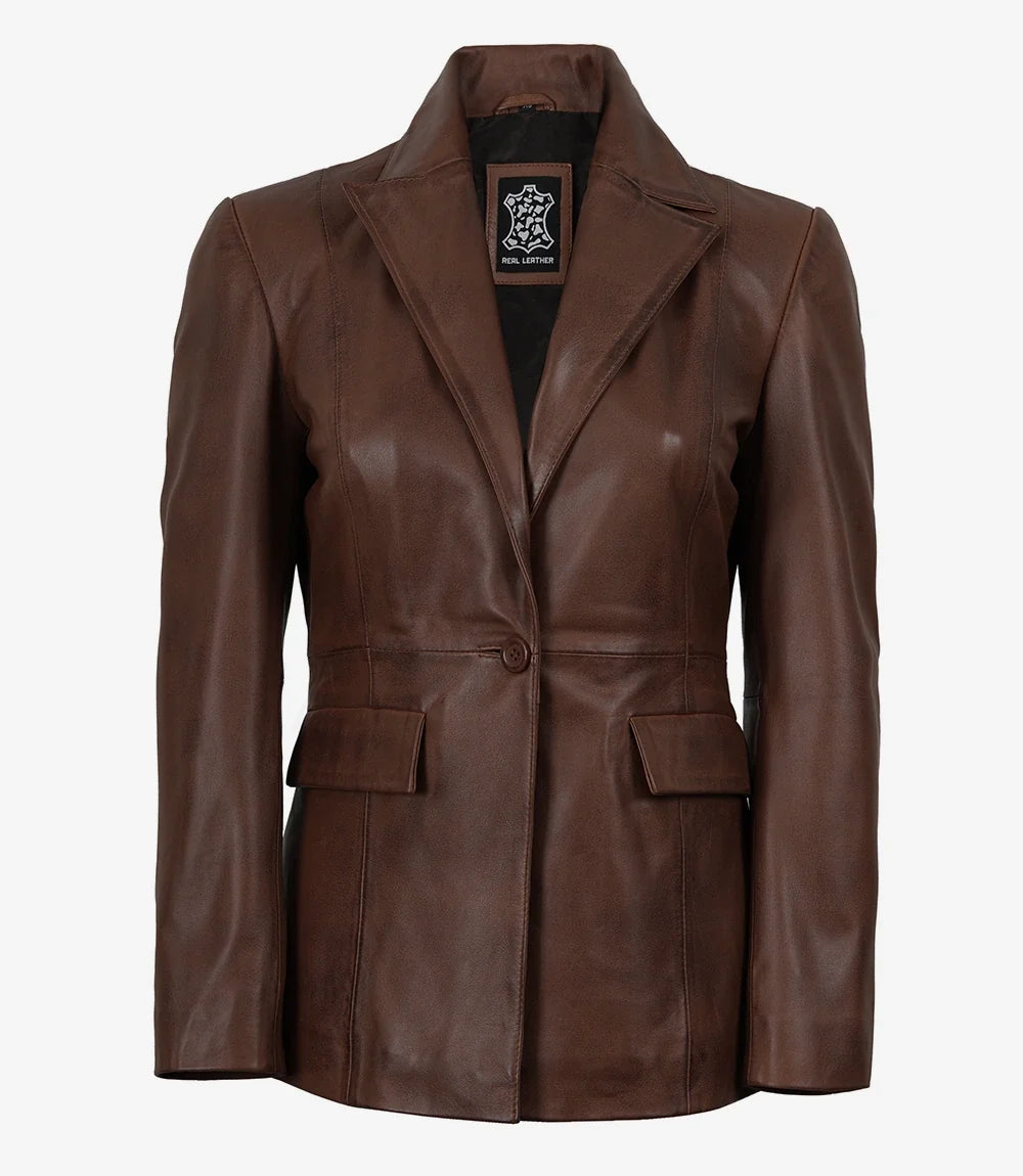 Women's Single-Button Lambskin Leather Blazer – Brown Cognac Wax