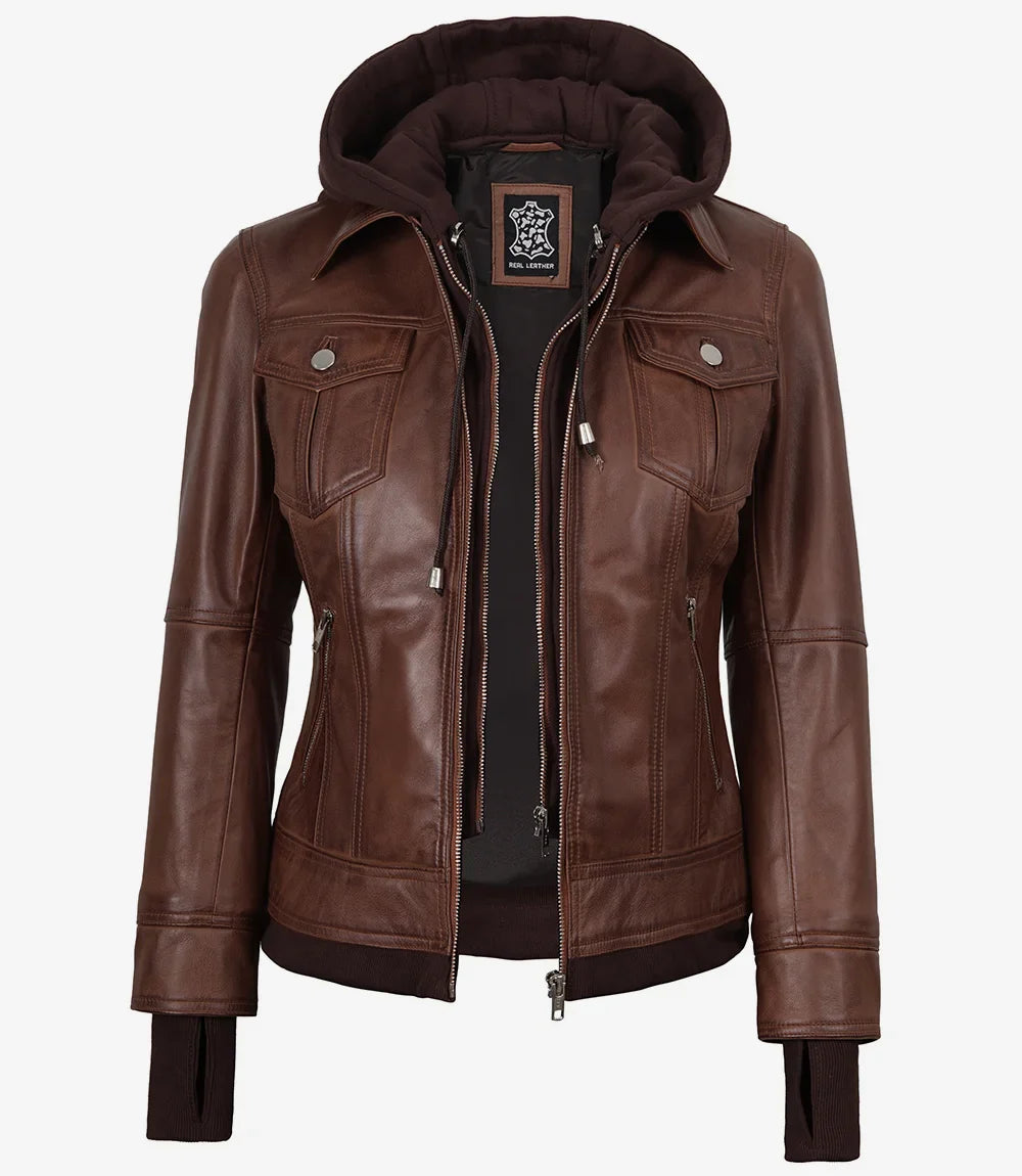 Tralee Women's Cognac Wax Bomber Leather Jacket With Removable Hood