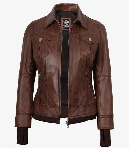 Tralee Women's Cognac Wax Bomber Leather Jacket With Removable Hood