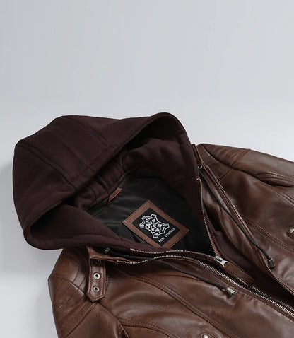 Women’s Cognac Brown Lambskin Hooded Leather Jacket (2-in-1 Style)