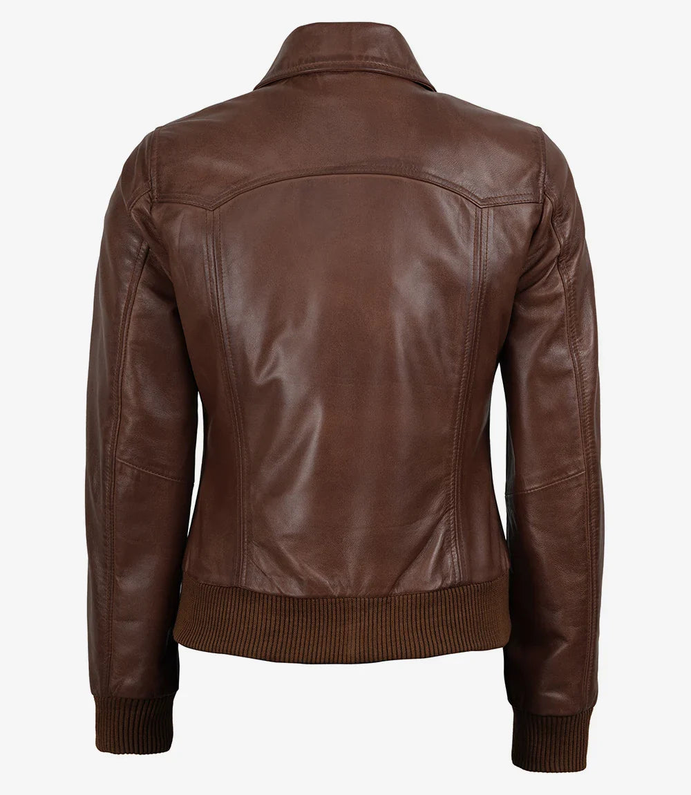 Women's Cognac Waxed Leather Bomber Jacket with Shirt Collar