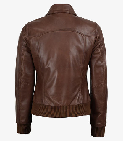 Women's Cognac Waxed Leather Bomber Jacket with Shirt Collar
