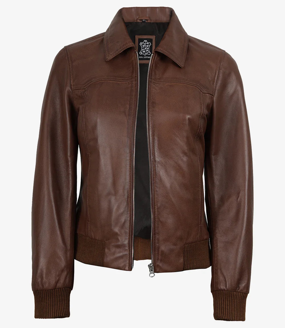 Women's Cognac Waxed Leather Bomber Jacket with Shirt Collar