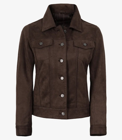 Womens' Dark Brown Faux Suede Trucker Jacket