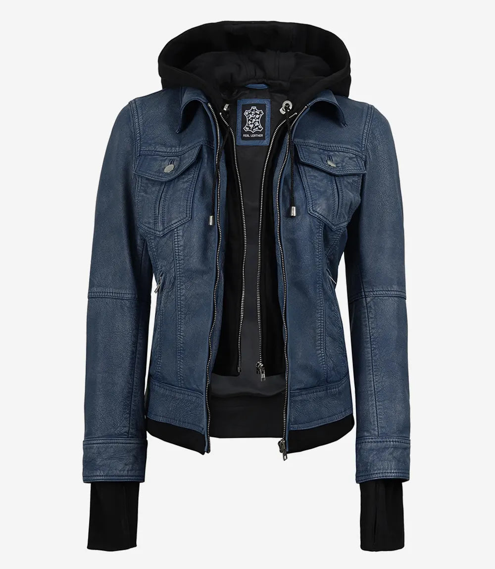 The Céleste: Womens Blue Washed Bomber Leather Jacket with Removable Hood