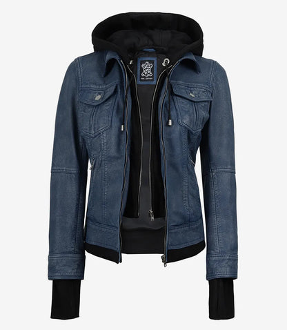 The Céleste: Womens Blue Washed Bomber Leather Jacket with Removable Hood