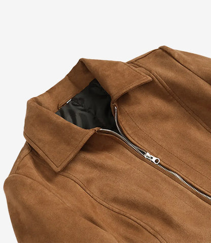 Womens Shirt Collar Light Brown Faux Suede Jacket