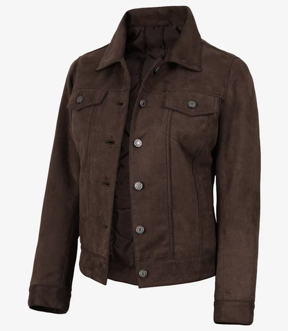 Womens' Dark Brown Faux Suede Trucker Jacket