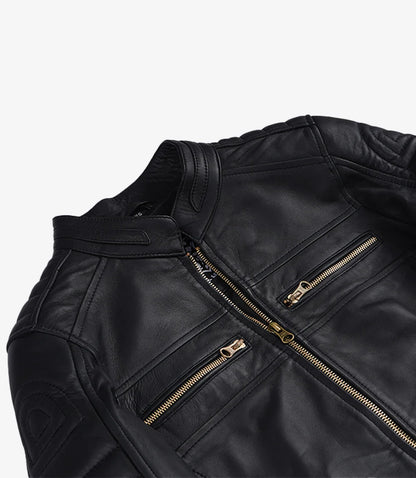 Women's Matte Black Leather Cafe Racer Jacket with Gold Zippers