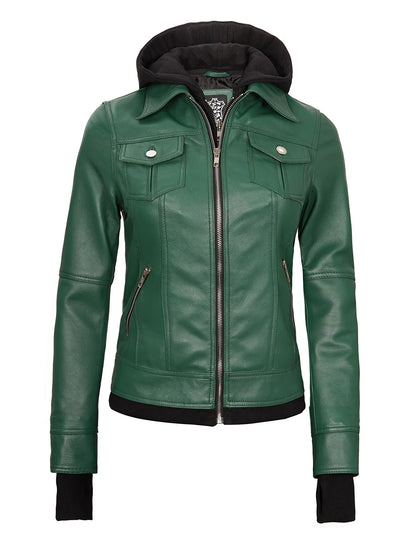 Real Leather Womens Green Bomber Jacket with Removable Hood
