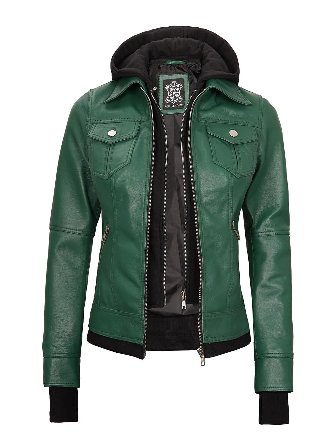 Real Leather Womens Green Bomber Jacket with Removable Hood