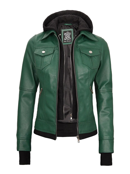 Real Leather Womens Green Bomber Jacket with Removable Hood