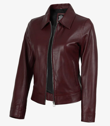 Womens Maroon Waxed Shirt Collar Harrington Leather Jacket