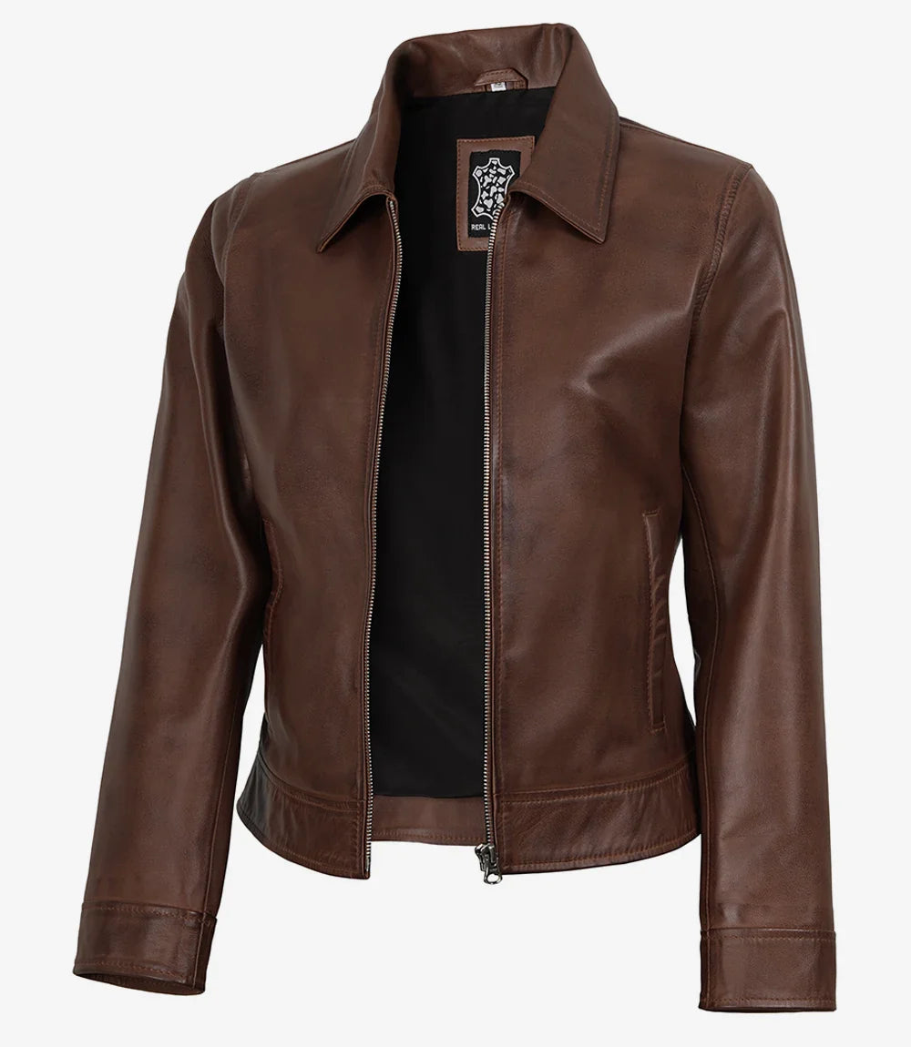 Women's Brown Cognac Waxed Shirt Collar Leather Jacket