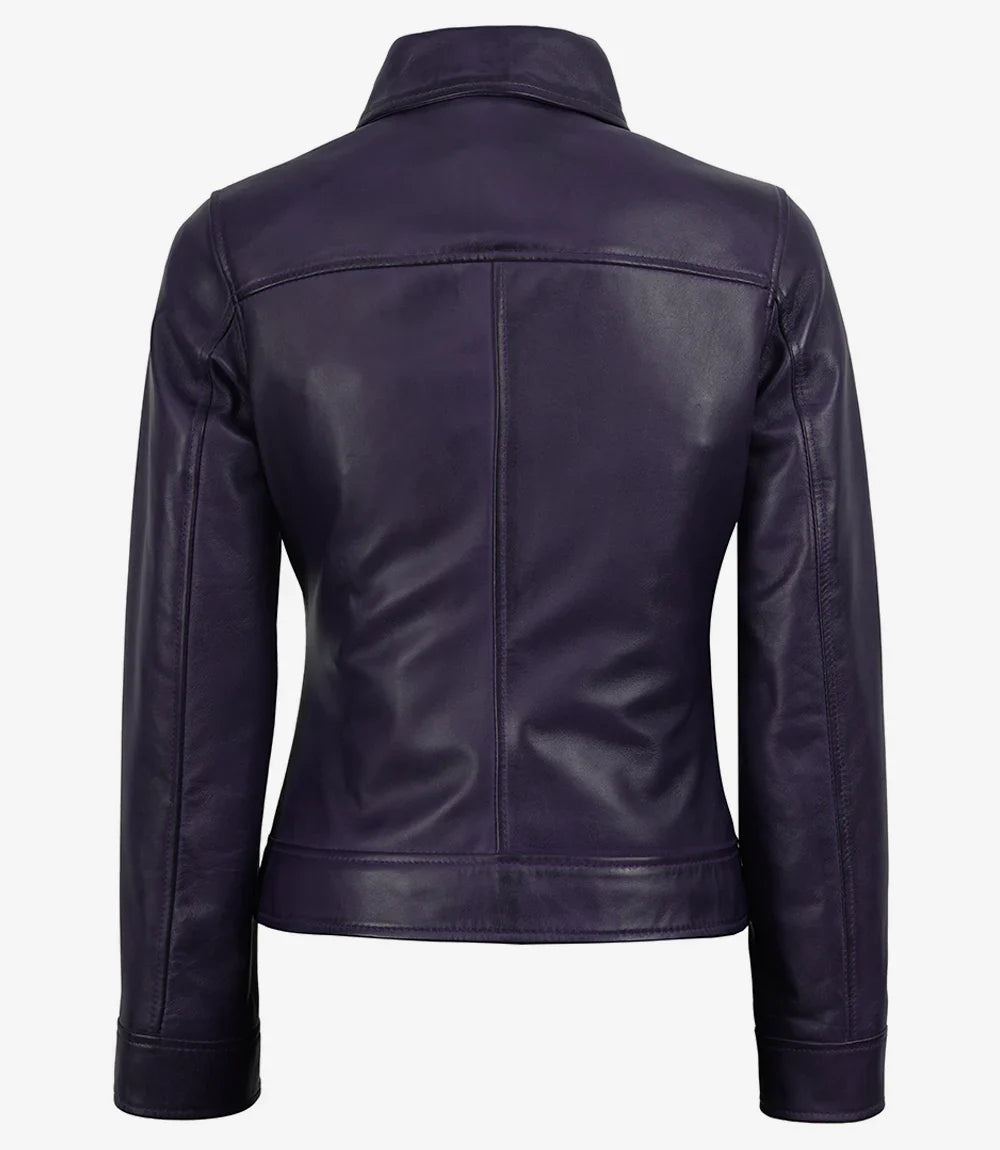 Women's Purple Waxed Shirt Collar Harrington Leather Jacket