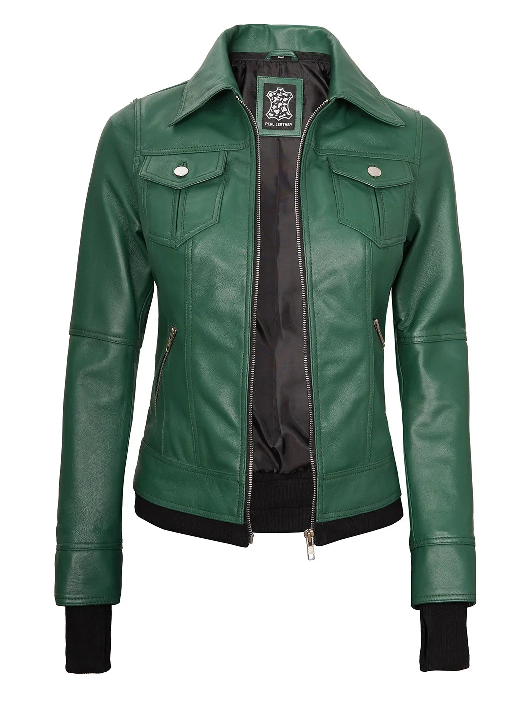 Real Leather Womens Green Bomber Jacket with Removable Hood