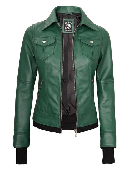 Real Leather Womens Green Bomber Jacket with Removable Hood