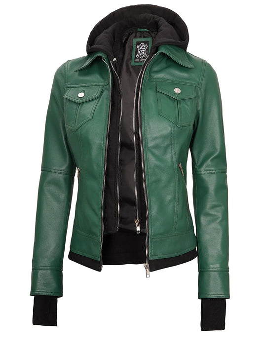 Real Leather Womens Green Bomber Jacket with Removable Hood