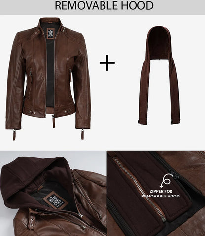 Women’s Cognac Brown Lambskin Hooded Leather Jacket (2-in-1 Style)