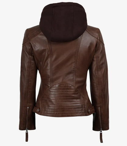 Women’s Cognac Brown Lambskin Hooded Leather Jacket (2-in-1 Style)