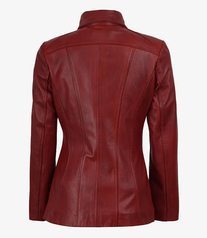 Women's Red Lambskin Leather Car Coat with Shirt Collar