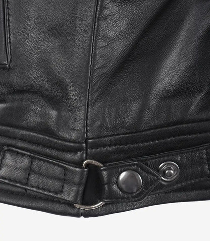 Womens Black Leather Biker Style Jacket - Quilted Shoulder