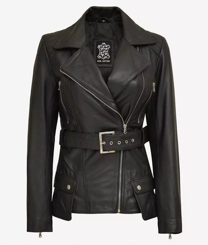 Women's Black Belted Long Biker-Style Leather Jacket