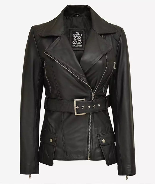 Women's Black Belted Long Biker-Style Leather Jacket