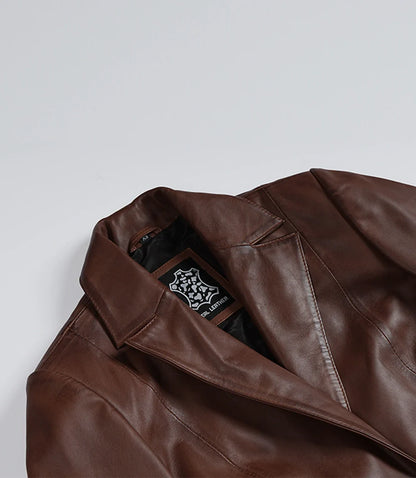 Women’s Brown Cognac Waxed Lambskin Leather Blazer – Single Button