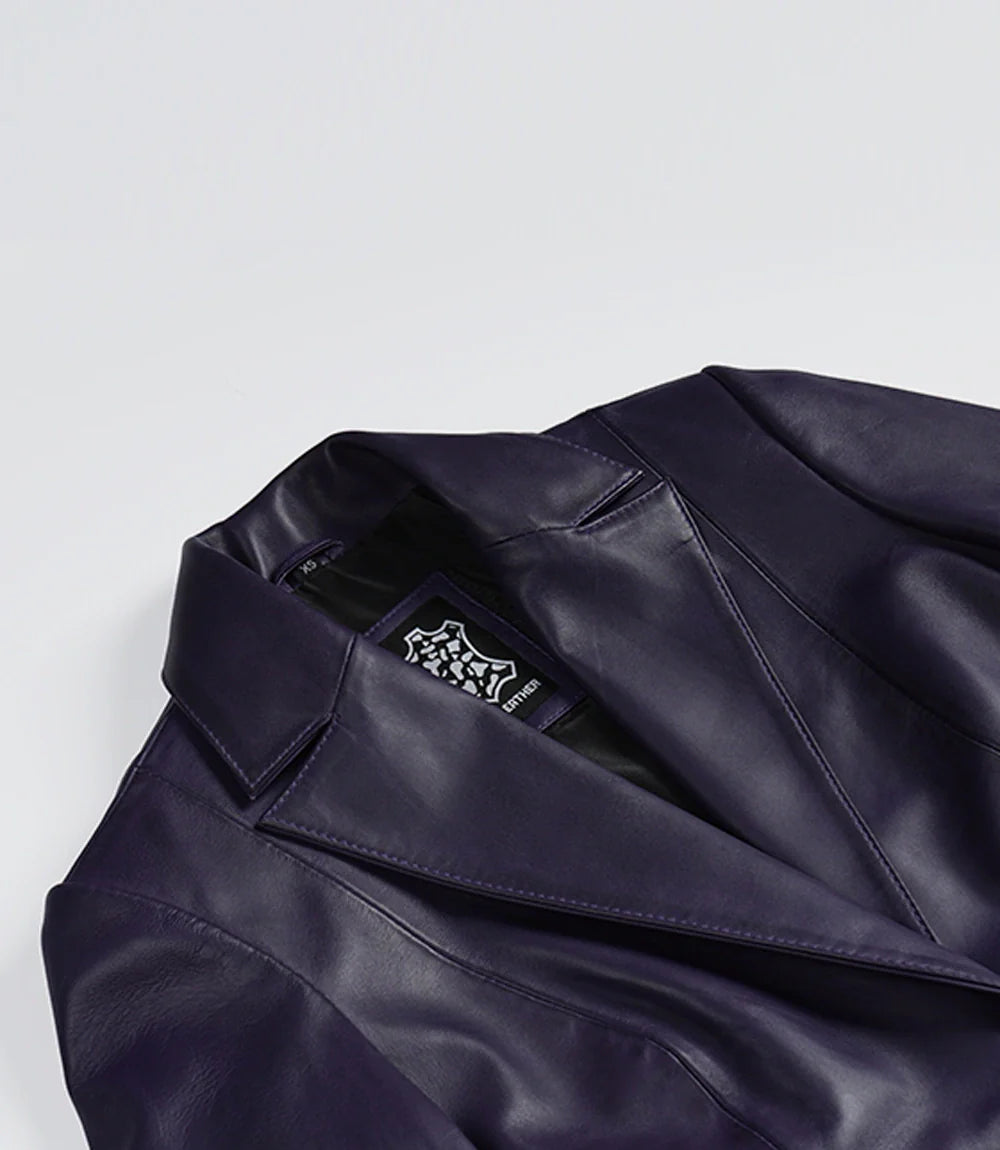 Womens Single Button Purple Waxed Leather Blazer