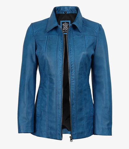Women's Blue Lambskin Leather Car Coat with Shirt Collar