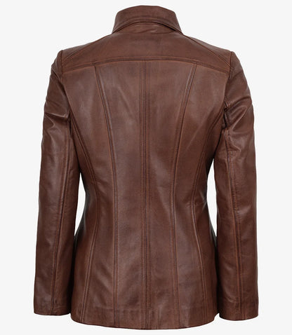 Marsha Women's Real Leather Cognac Brown Car Coat