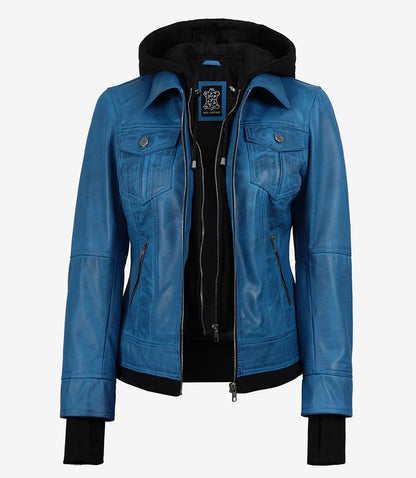 Women’s Blue Waxed Real Leather Jacket with Removable Hood