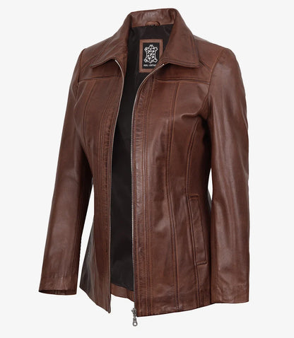 Marsha Women's Real Leather Cognac Brown Car Coat