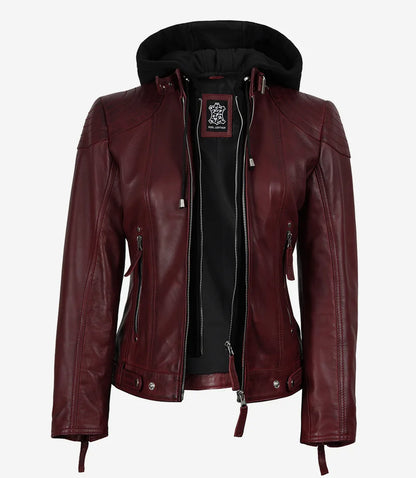 Women’s Maroon Waxed Real Leather Jacket with Removable Hood