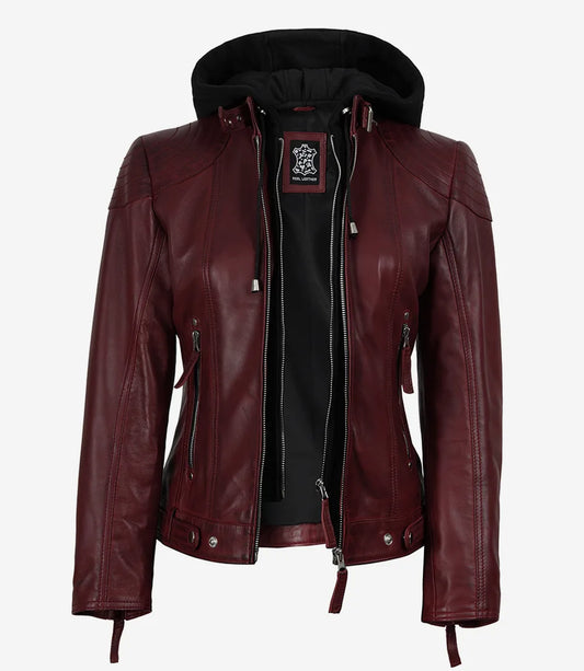 Women’s Maroon Waxed Real Leather Jacket with Removable Hood