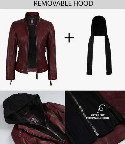 Women’s Maroon Waxed Real Leather Jacket with Removable Hood