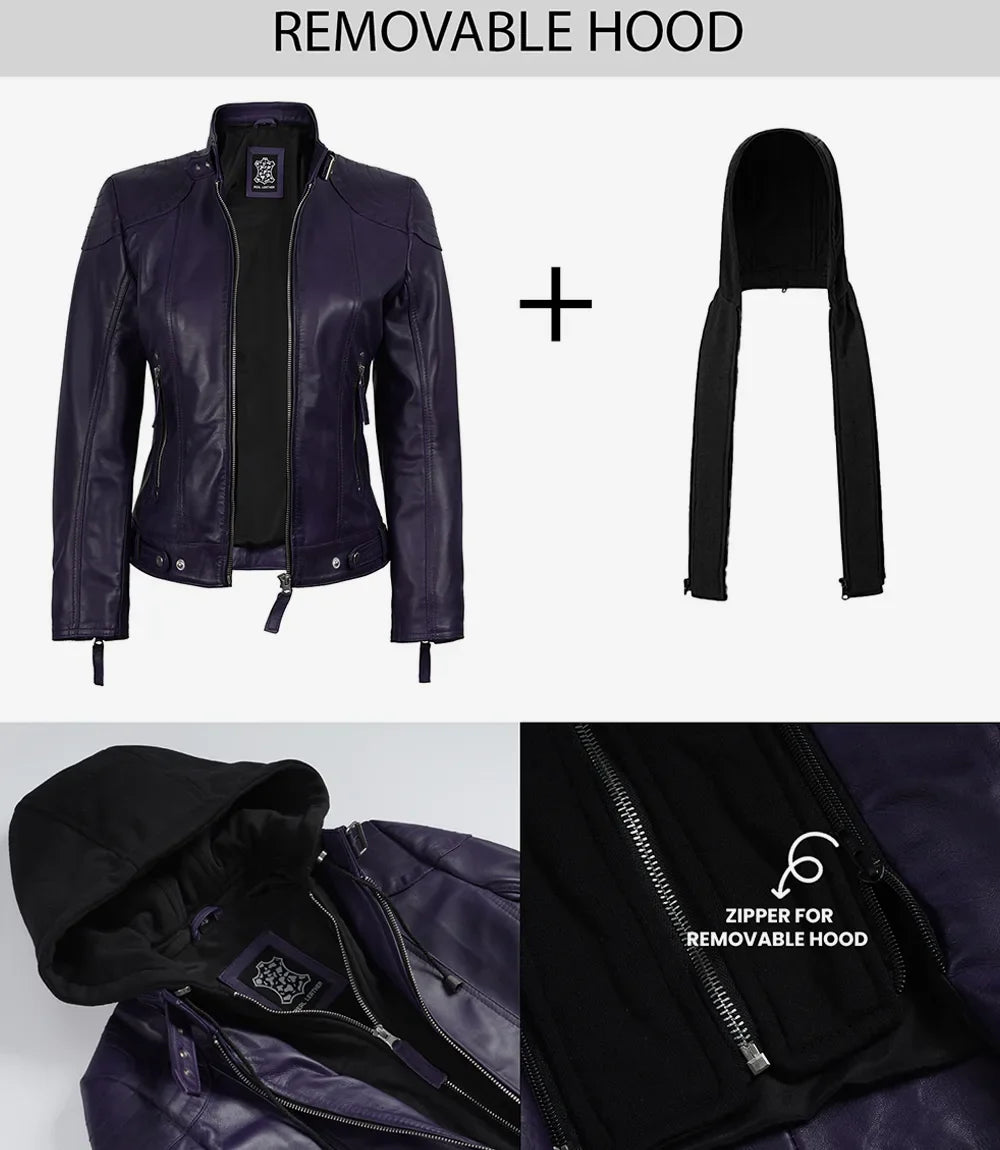 Women’s Purple Waxed Real Leather Jacket with Removable Hood