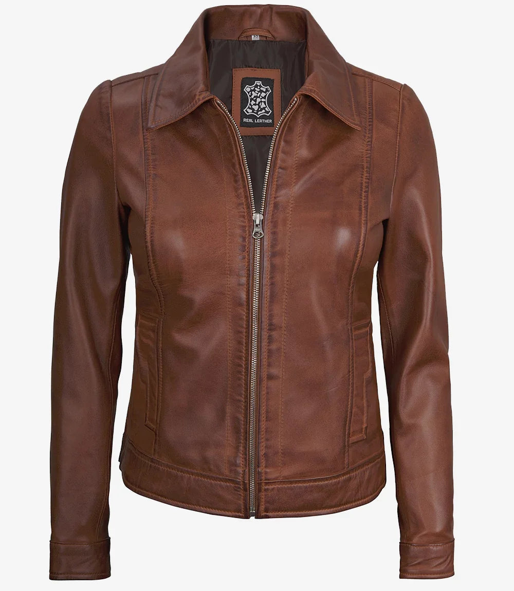Women's Cognac Brown Leather Harrington Jacket