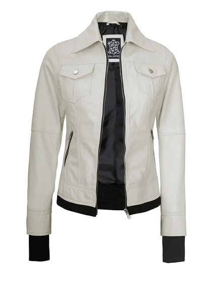 Real Leather Womens Off White Bomber Jacket with Removable Hood
