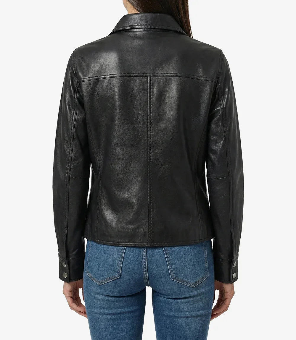 Women’s Minimalist Black Lambskin Leather Shacket – Snap-Button Closure