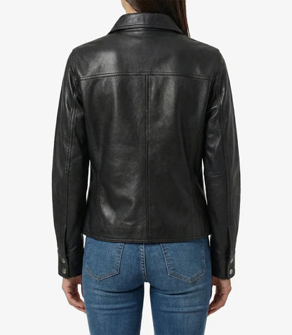 Women’s Minimalist Black Lambskin Leather Shacket – Snap-Button Closure