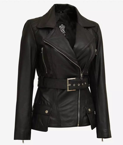 Women's Black Belted Long Biker-Style Leather Jacket