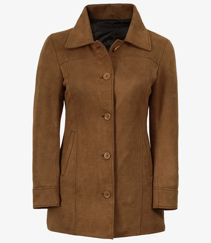 Women's 3/4 Length Button Down Light Brown Faux Suede Coat